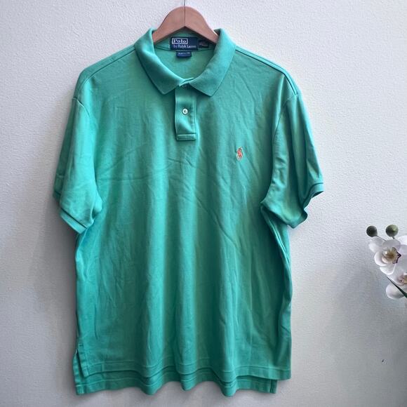 Polo Ralph Lauren Mens Casual Shirt Green Custom Fit Orange Pony Short Sleeve XL - Picture 1 of 8